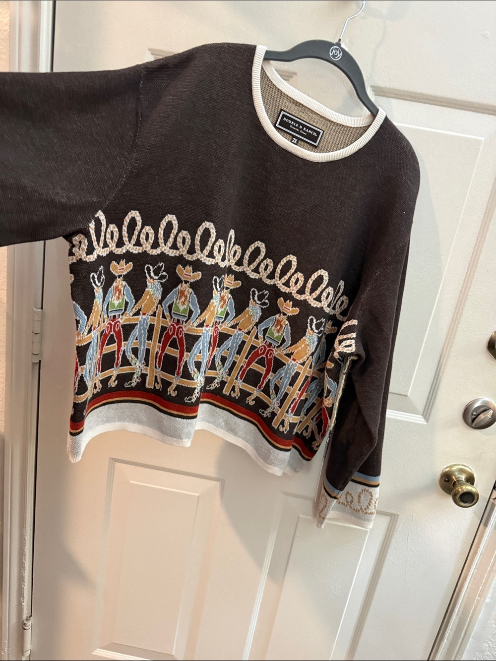 NWT Double D Ranch Brown with Cream Trim Western Cowboy Crewneck Sweater. 2X - Picture 5 of 14